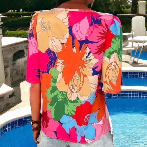 SHEIN NEW BOHO WOMENS LARGE TOP BLOUSE FLOUNCE SLEEVES BRIGHT FLORAL LARGE - Picture 3 of 8